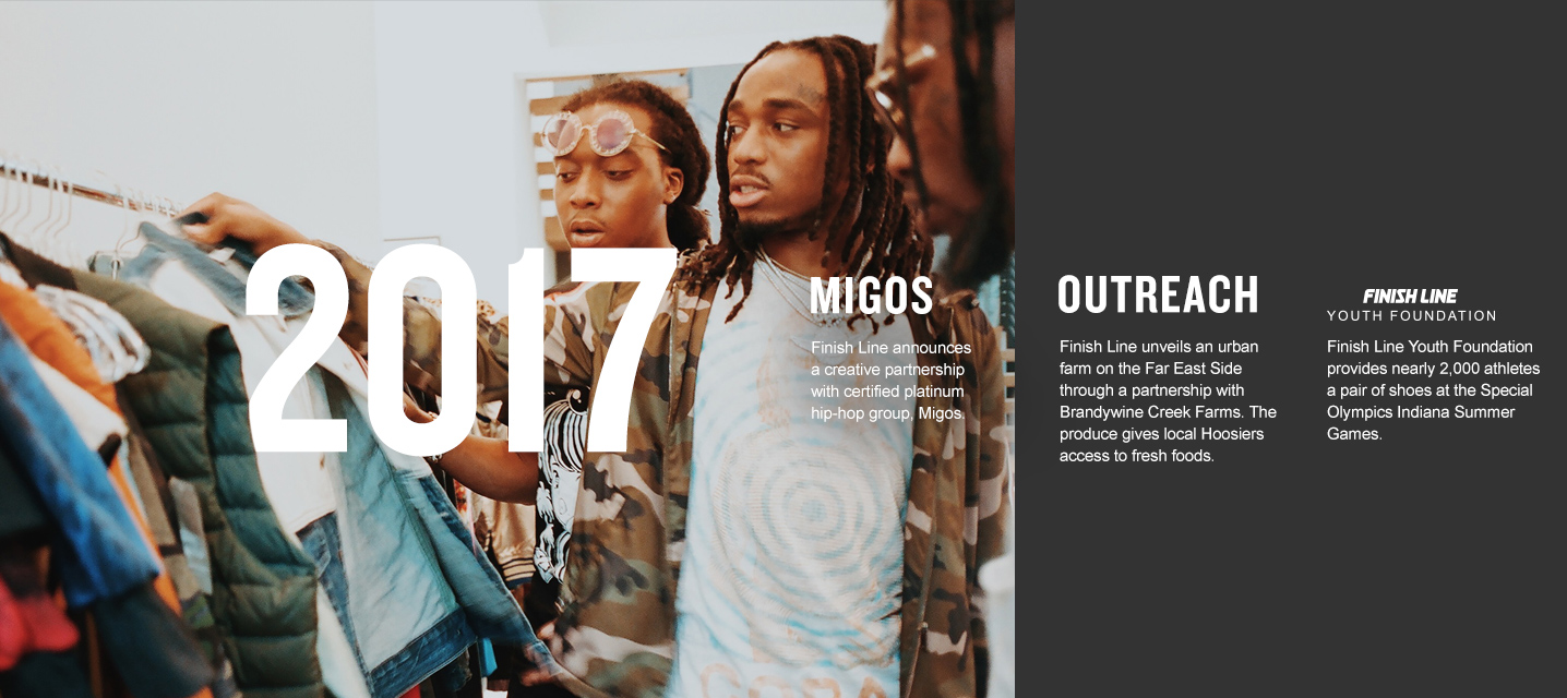 2017 - Finish Line partners with Migos and the Youth Foundation provides 2000 pairs of shoes to special olympic athletes